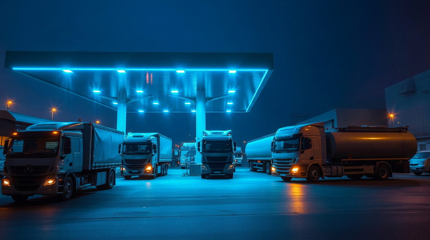 Zindor Energy CNG mother station in Lagos at dusk with commercial trucks refueling